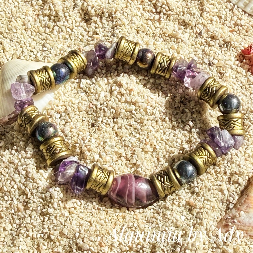 BOHO VINTAGE + AMETHYST & OLD Gold Bead Stretch Bracelet